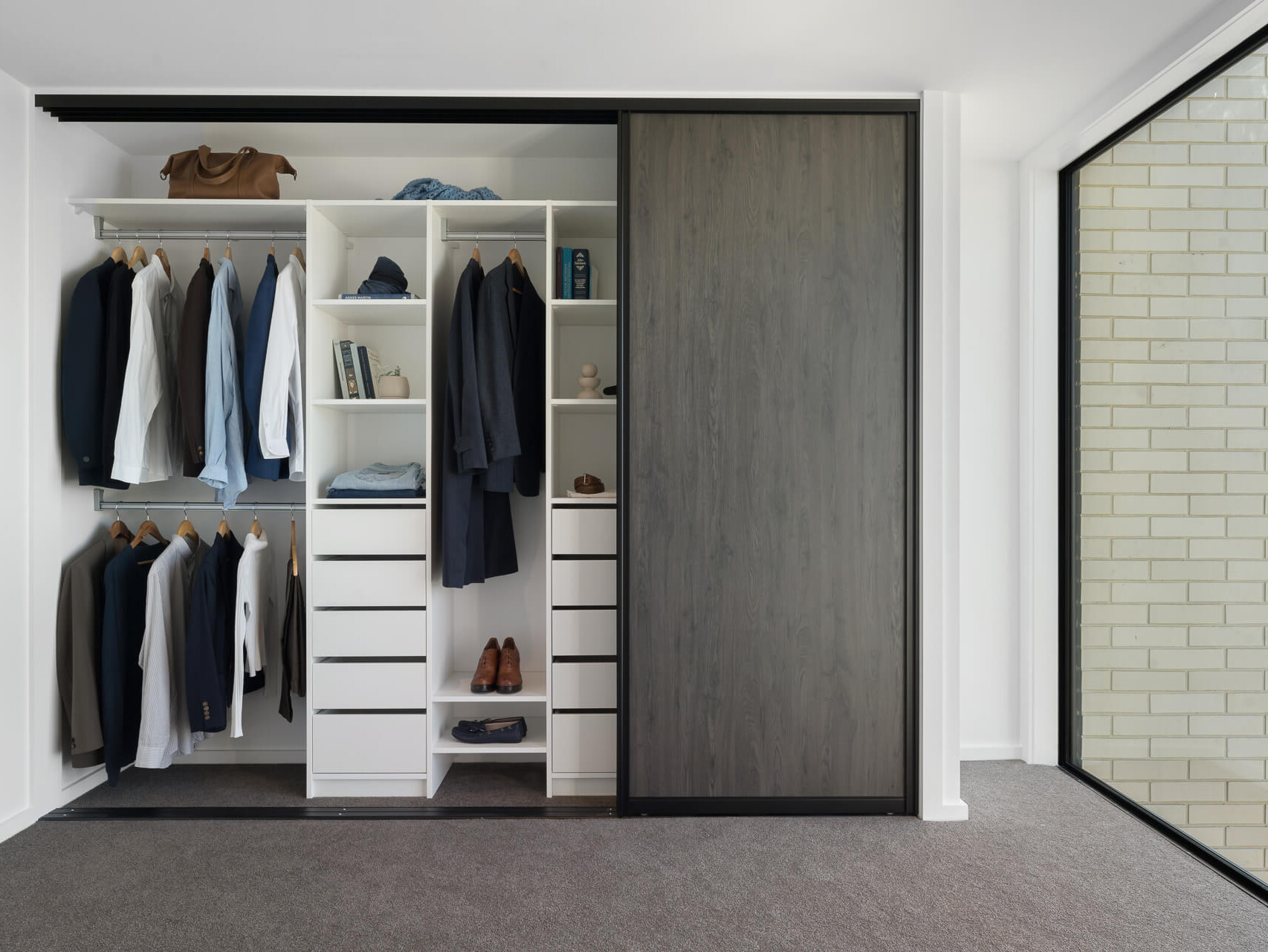 Aristo sliding wardrobe doors and Flex reach-in wardrobe organsier