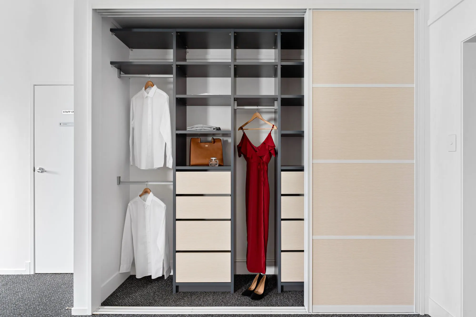 Flex reach-in wardrobe in 25mm two colour tones with sliding Aristo wardrobe doors