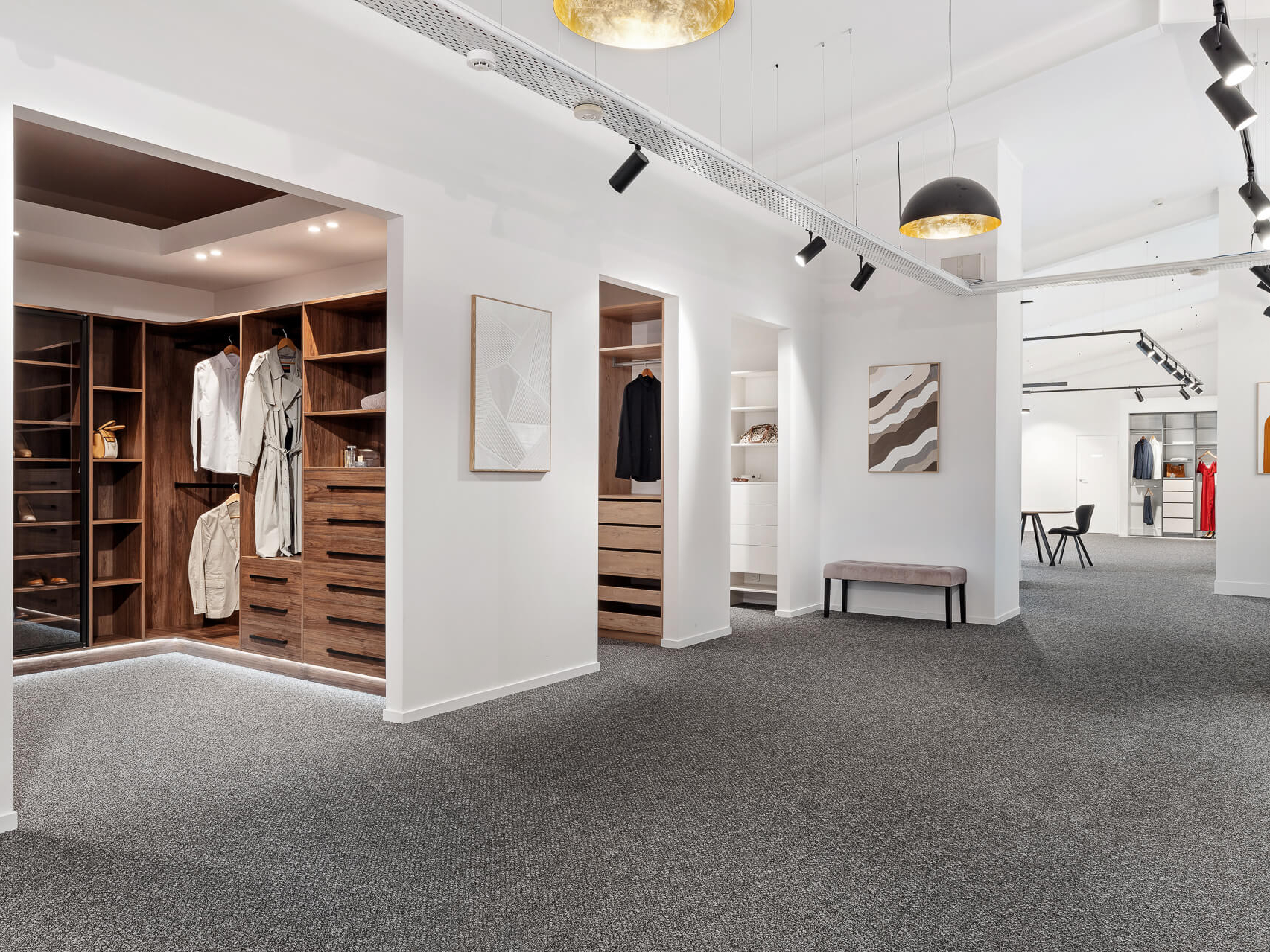 Boston Wardrobes showroom, you can see several walk-in wardrobes and reach-in wardrobes and wardrobe doors