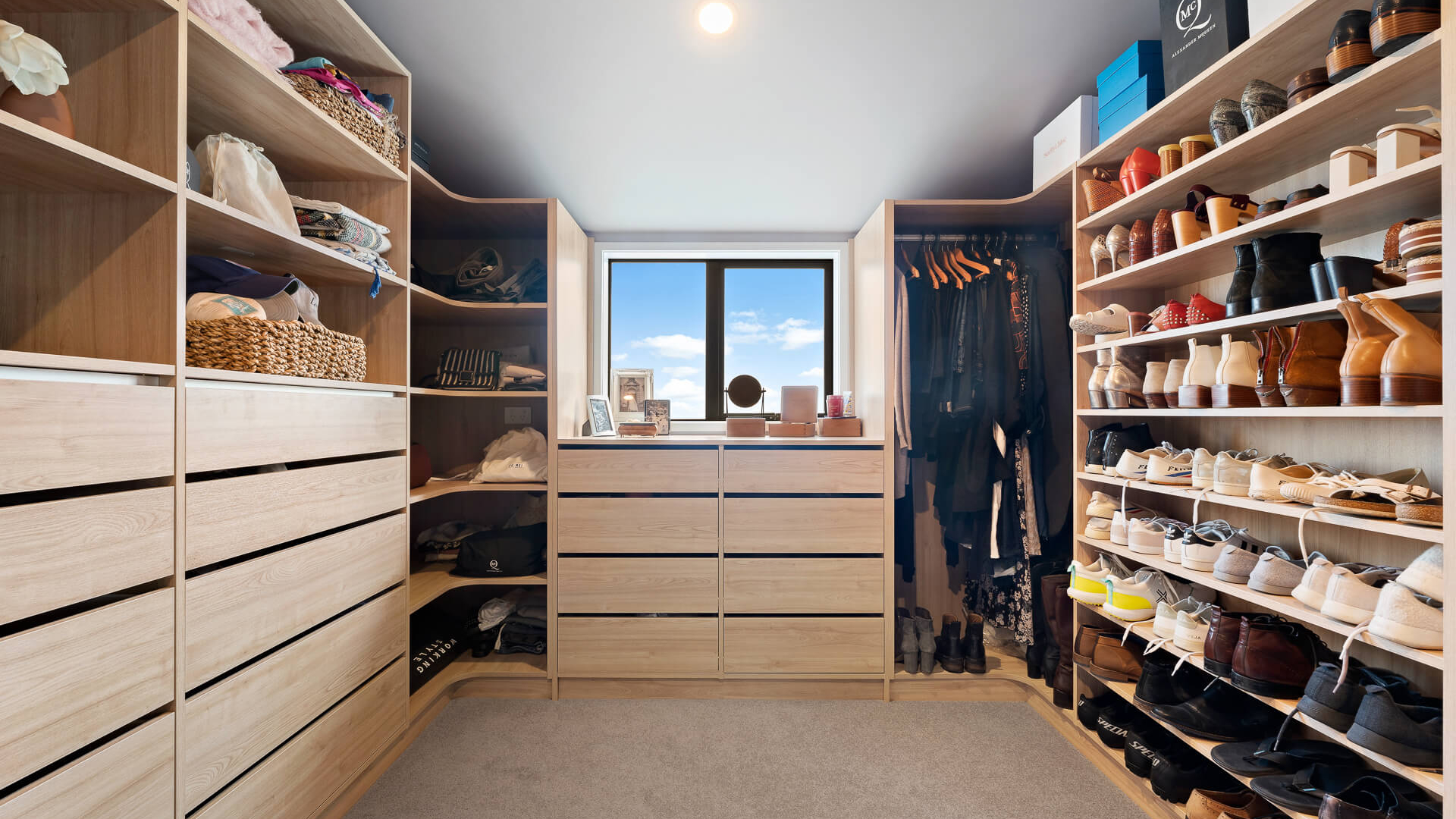 Luxe walk-in wardrobe organiser in light woodgrain colour