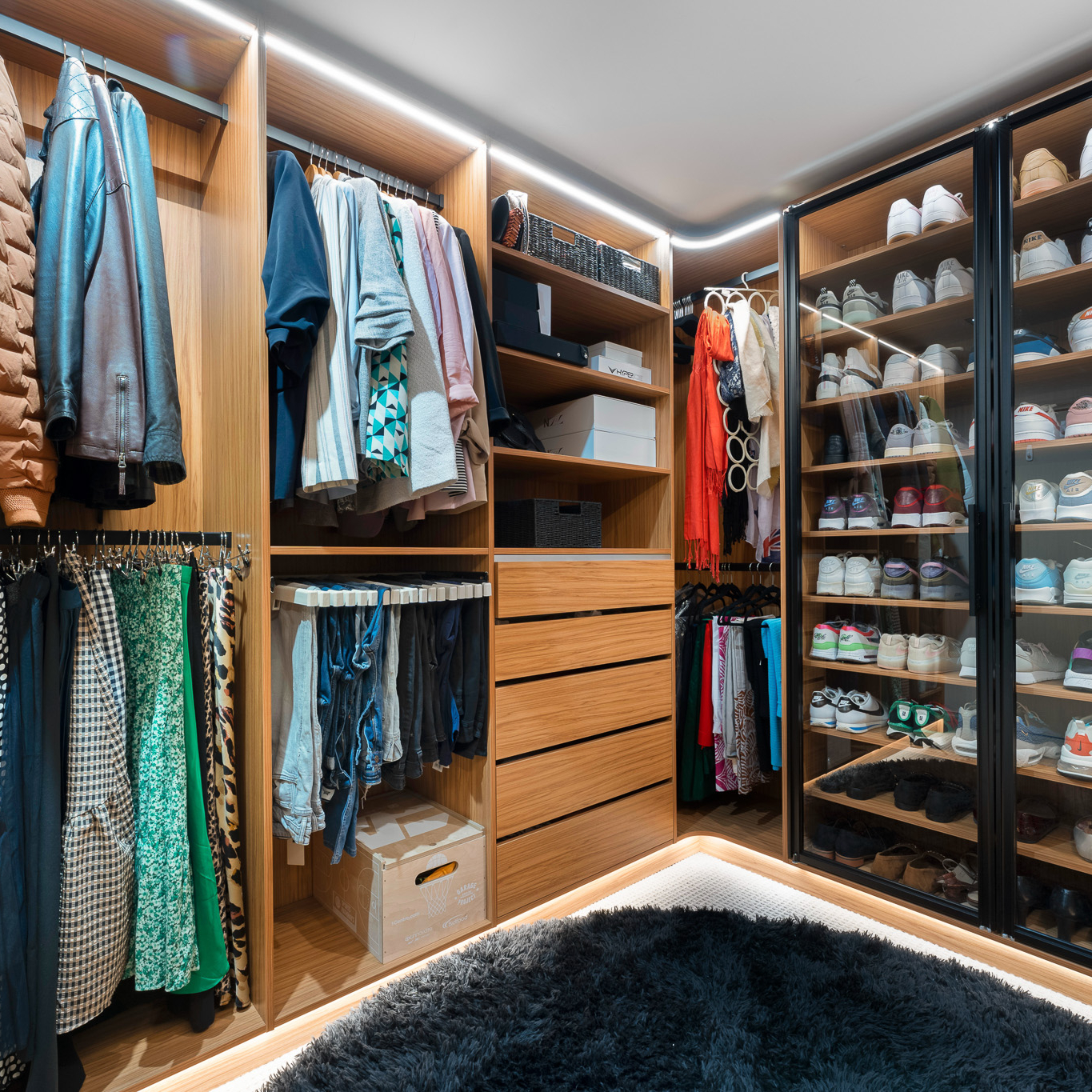 Luxe Walk-in Wardrobe with glass doors, pull out mirror and trouser racks